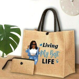 Living My Best Life Tote Bag with Inner Pocket & Zipper Clutch (SKU 0308)